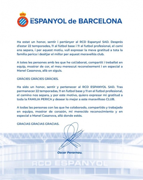 Carta oberta d'Òscar Perarnau a l'afició