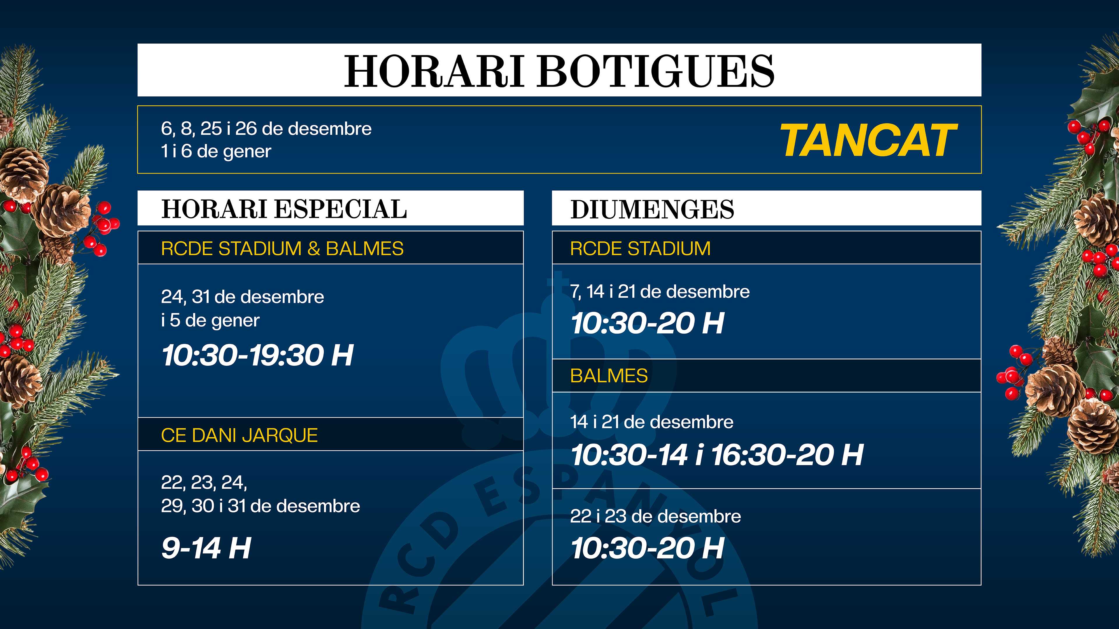 Horaris especials de les RCDE Stores per Nadal