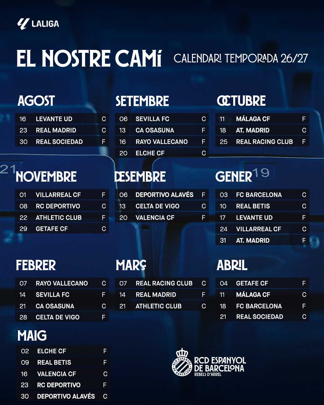 Disponible el calendario de LALIGA 2026/27 del primer equipo del RCD Espanyol